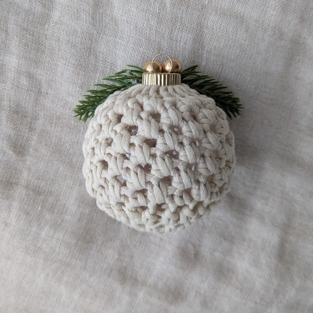 Handcrafted Crochet Ornament Ball Cream with Gold Accents Christmas Tree Gift